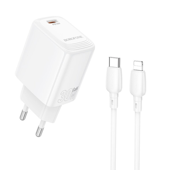 Сетевое зарядное устройство BOROFONE BN28 Fuente single port PD30W / QC3.0 cable Type-C to Lightning, White