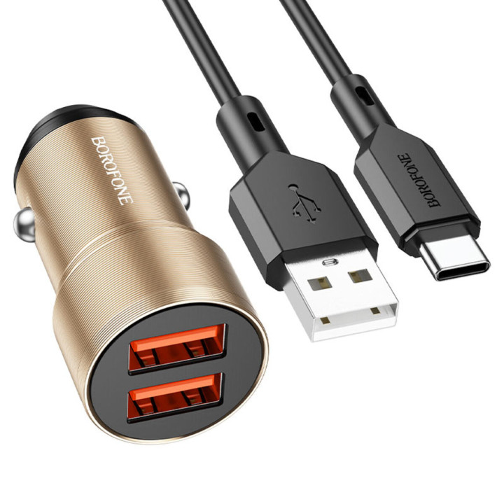 Автомобильное зарядное устройство BOROFONE BZ19 Wisdom 2USB 12W кабель Type-C, Gold