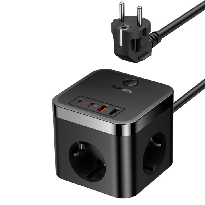 Сетевое зарядное устройство для Baseus PowerCombo Cube Power Strip 3EU / 2USB / 2Type-C 30W 1.5m 30W, Cluster Black ( E00066400117-00 )