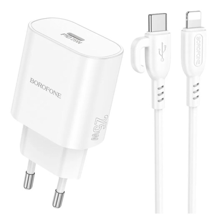 Сетевое зарядное устройство BOROFONE BA82A Platinum single port PD25W / QC3.0 Cable Type-C to Lightning, White