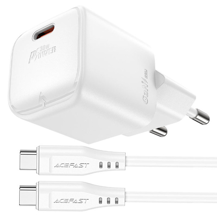 Сетевое зарядное устройство ACEFAST A77 mini PD30W / QC3.0 2.5A cable Type-C to Type-C, White