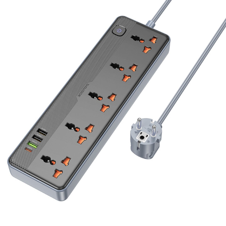 Сетевой удлинитель BOROFONE BAC5A Lord 5 socket EU PD20W / Type-C / USB, Black