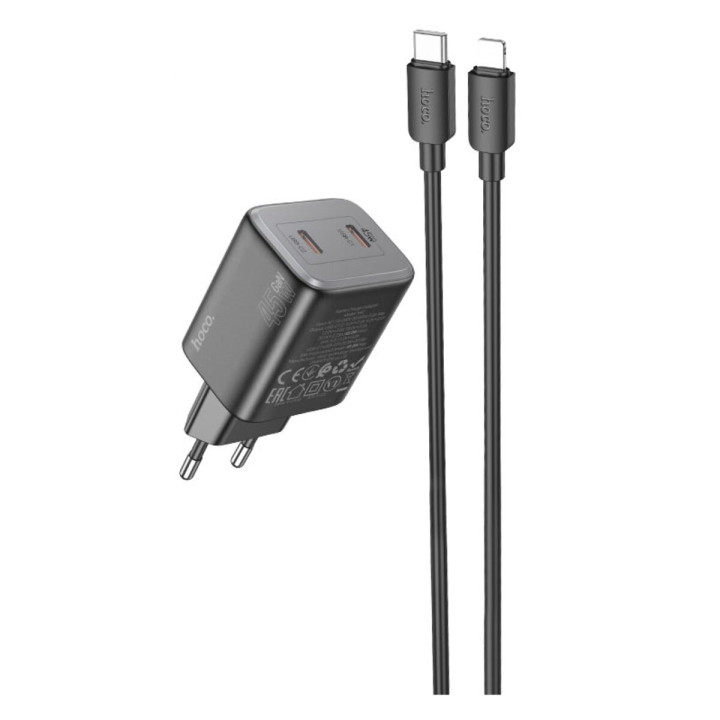 Сетевое зарядное устройство HOCO N42 PD45W / QC3.0 2.25 A cable Type-C to Lightning, Black