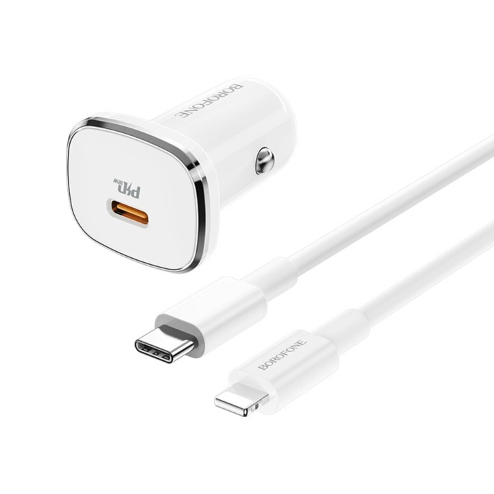 Автомобильное зарядное устройство BOROFONE BZ12B single port QC3.0 18W cable Type-C to Lightning, White