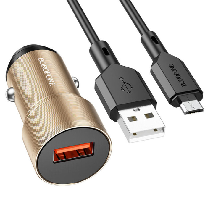 Автомобильное зарядное устройство BOROFONE BZ19A Wisdom USB QC3.0 cable Micro-USB 18W, Gold