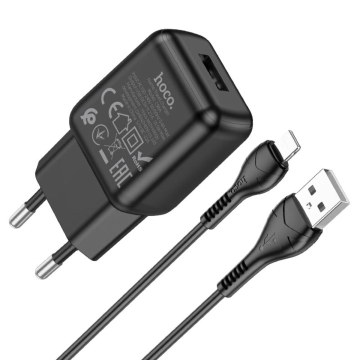 Сетевое зарядное устройство HOCO C96A USB кабель USB to Lightning 1m, Black