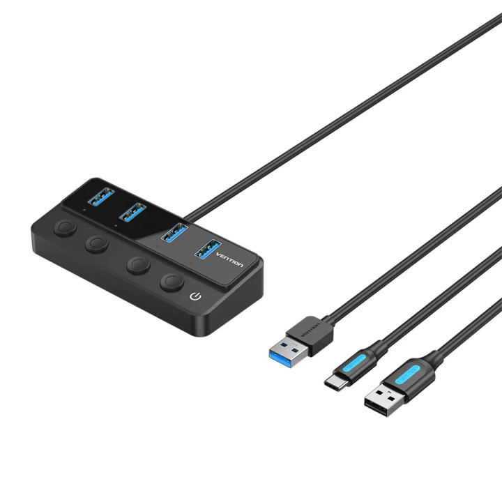 USB Hub Vention USB 3.0 to USB 3.0 x4 / Type-C Hub With Individual Power Switches 1m, Black