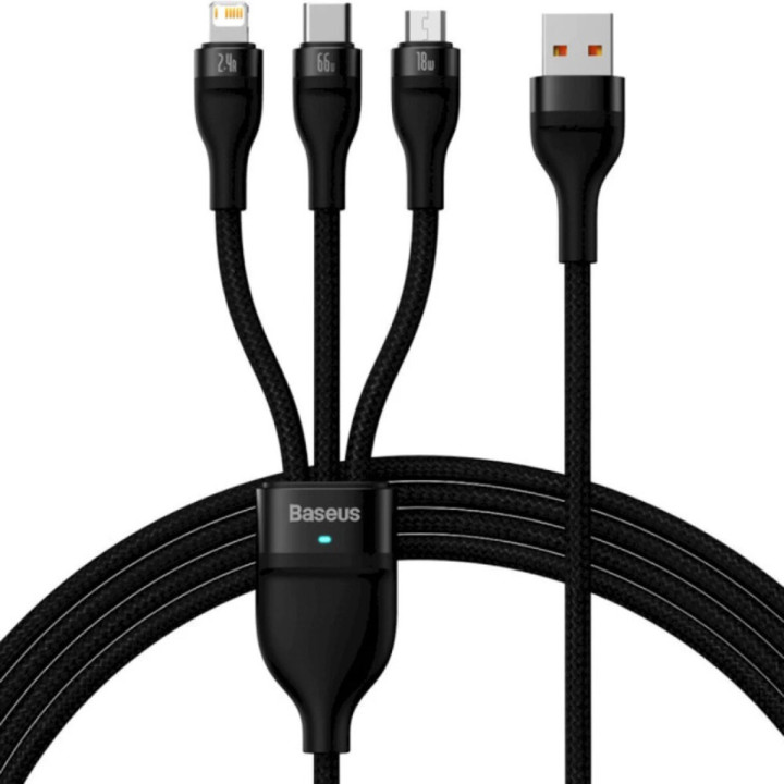 USB Data Кабель Baseus Flash Series Ⅱ USB to Micro USB Lightning Type-C 66W 1.2m, Black ( CASS040001 )