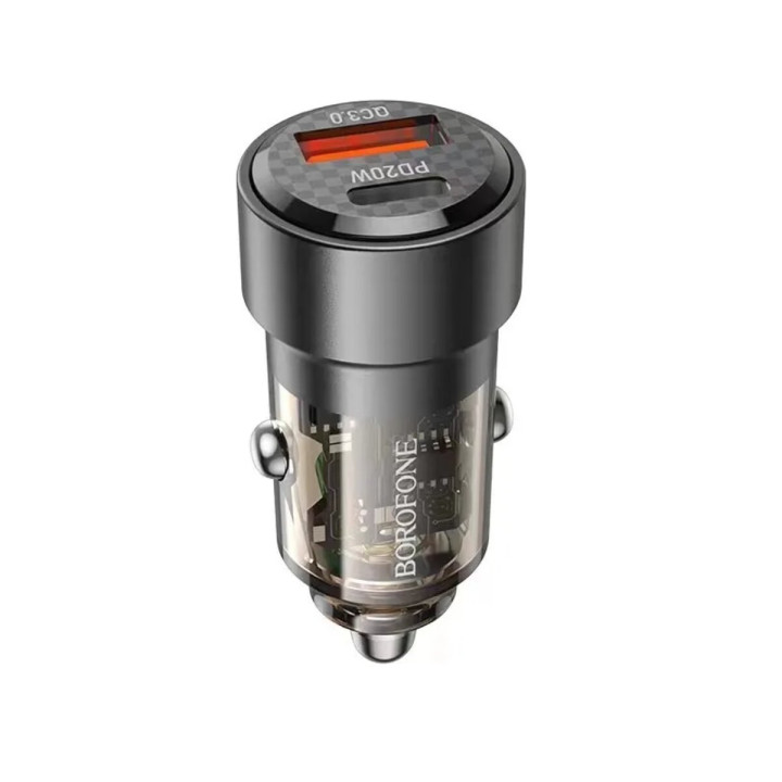 Автомобильное зарядное устройство BOROFONE BZ20 Smart dual port PD20W / QC3.0, Transparent Black