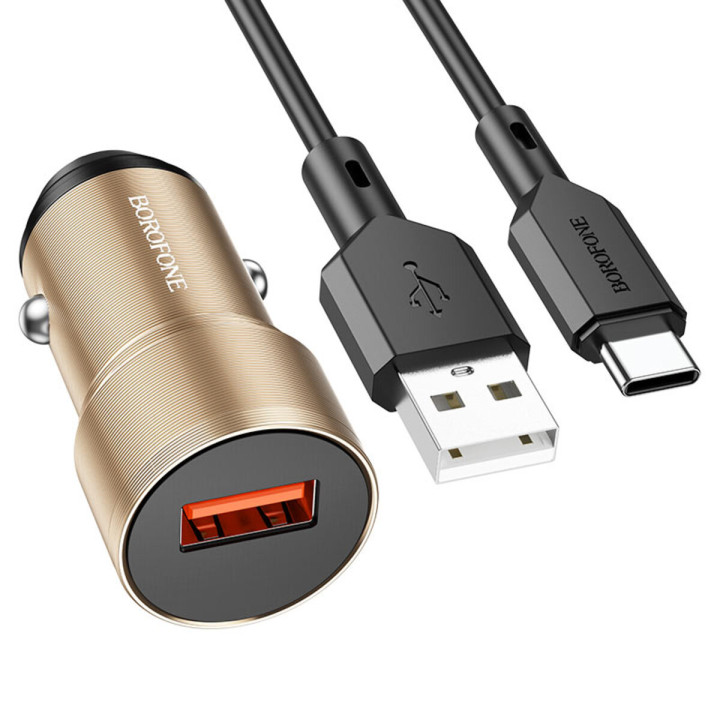 Автомобильное зарядное устройство BOROFONE BZ19A Wisdom USB QC3.0 Cable Type-C 18W, Gold
