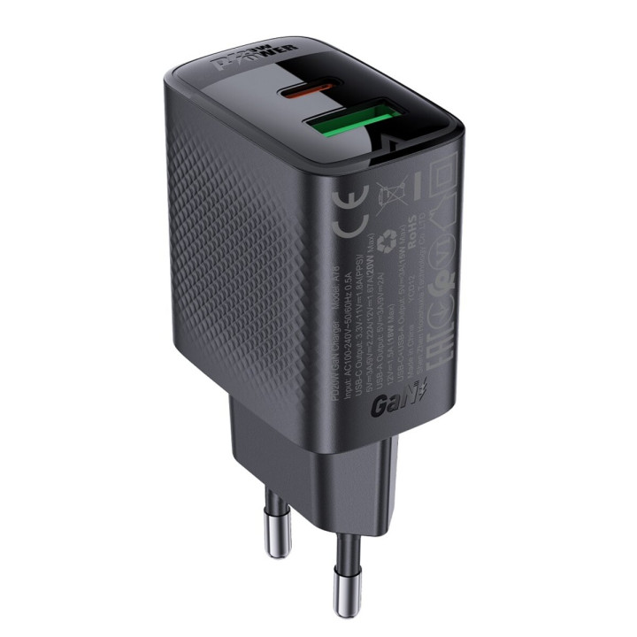 Сетевое зарядное устройство ACEFAST A78 PD20W GaN USB-A / Type-C, Black