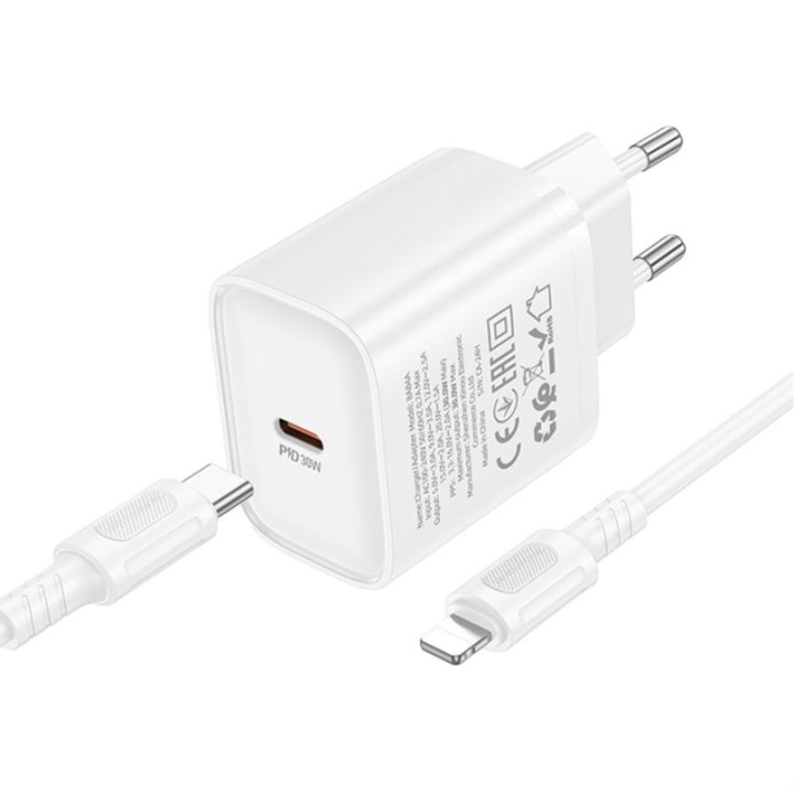 Сетевое зарядное устройство Borofone BA84A Type-C PD / QC 30W / Type-C to Lightning, White