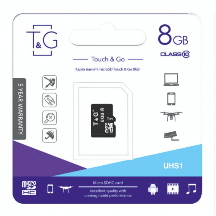 Карта Памяти T&G UHS-1 MicroSDHC 8GB 10 Class, Black