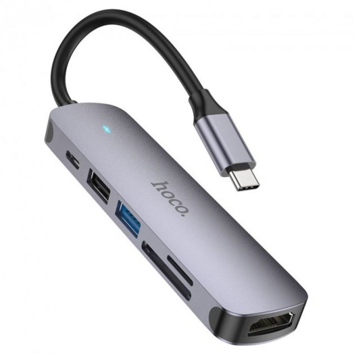 USB Hub адаптер Hoco HB28 Type-C HDTV / USB3.0 / USB2.0 / SD / TF / PD, Metallic gray