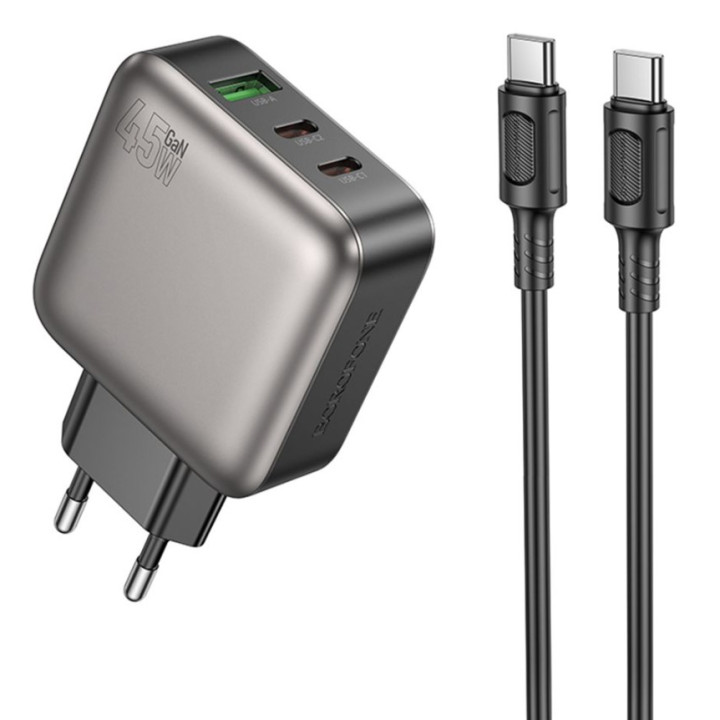 Сетевое зарядное устройство для Borofone BAS56A 2USB-C / 1USB QC / PD 45W Type-C to Type-C, Black