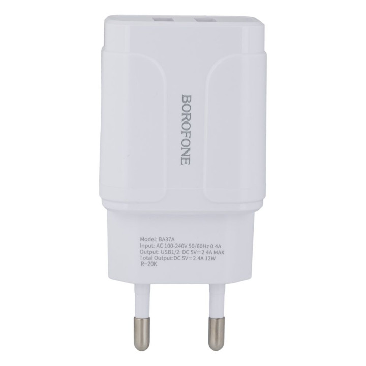 Сетевое Зарядное Устройство Borofone BA37A 2USB 2.4A 12W cable MicroUSB 1m, White