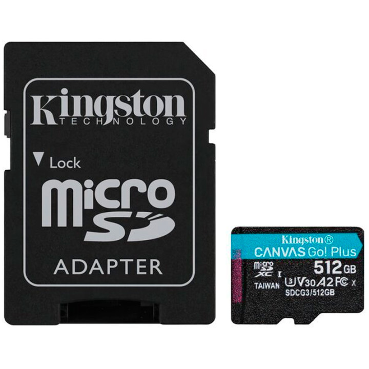 Карта памяти microSDXC 512Gb Kingston Canvas Go Plus A2 V30 (UHS-1 U3) (R-170Mb/s) + Adapter SD