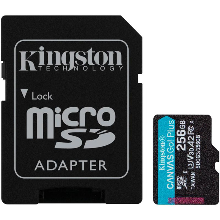 Карта памяти KIngston Canvas Go Plus microSDXC 256Gb (UHS-1 U3) (R-170Mb / s, W90Mb / s) + Adapter SD, Black