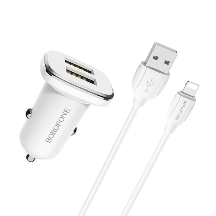 Автомобильное зарядное устройство для Borofone BZ12 2USB 2.4A кабель Lightning 2.4A, White