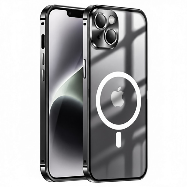 Чехол накладка Metal Glass Ring для iPhone 15​ с металлическим кольцом и дополнительной защитой на камеру