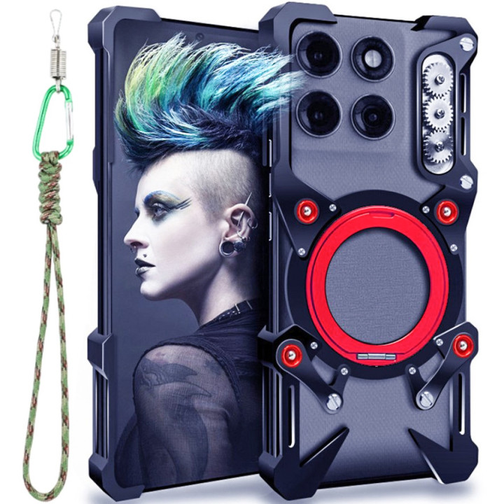 Чехол Metal Cyber Bamper для Motorola Edge 60 Pro с кольцом и шнурком-держателем