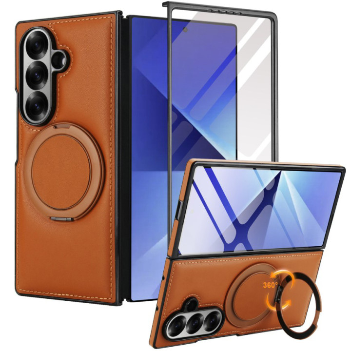 Чехол Leather PU Ring для Samsung Fold7 с поддержкой беспроводной зарядки