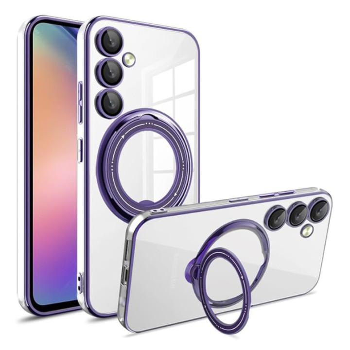 Силиконовый чехол накладка Clear Case для Samsung Galaxy S25 Plus с металлическим кольцом держателем и защитой для камеры