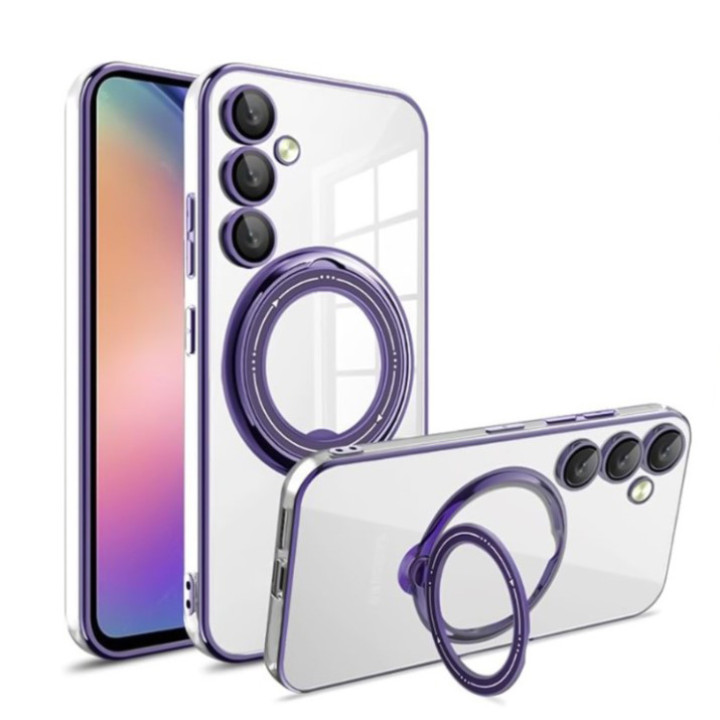 Силиконовый чехол накладка Clear Case для Samsung Galaxy S25 с металлическим кольцом держателем и защитой для камеры