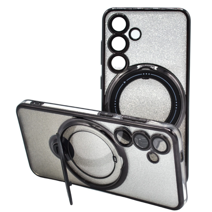 Силиконовый чехол накладка Glitter Case для Samsung Galaxy S24 Plus с металлическим кольцом держателем и защитой для камеры