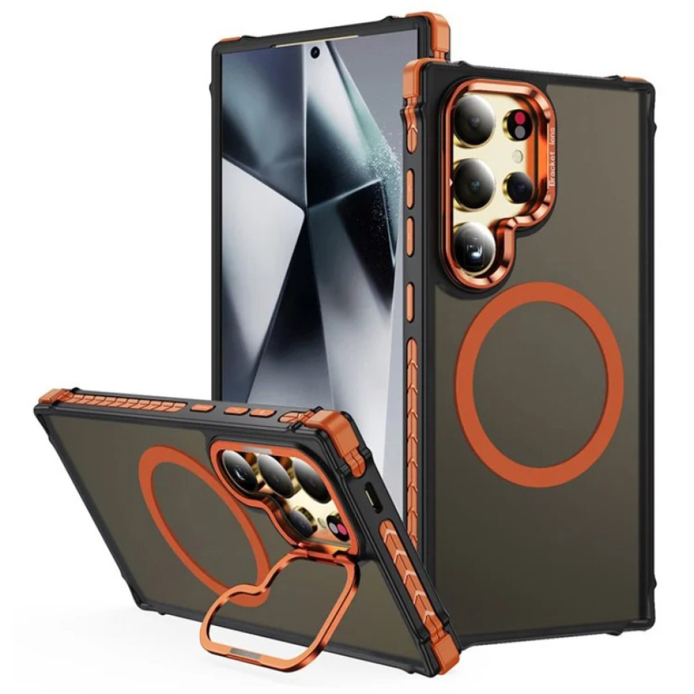 Матовый чехол - накладка Dual Color Camera Stand для Samsung Galaxy S25 Ultra оранжевый
