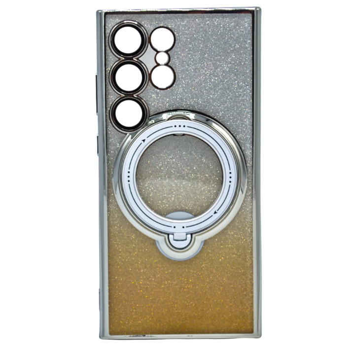 Силиконовый чехол накладка Glitter Case для Samsung Galaxy S24 Ultra с металлическим кольцом держателем и защитой для камеры