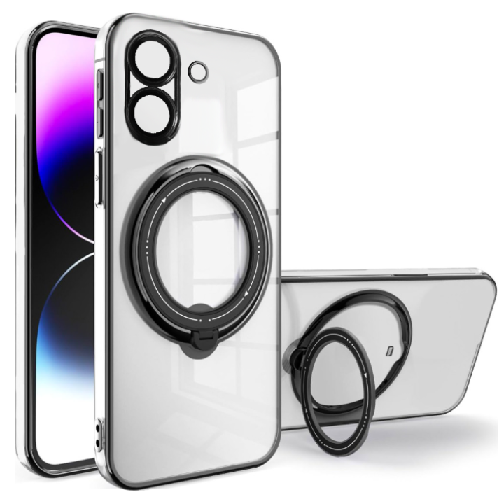 Силиконовый чехол накладка Clear Case для Poco C65 / Redmi 13C 4G с металлическим кольцом держателем и защитой для камеры