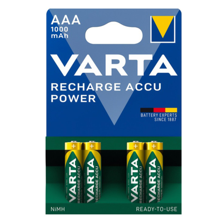 Аккумуляторные батарейки Varta Recharge Accu Power 1000mAh NiMH AAA HR03 1.2V, Green / Блистер 4шт