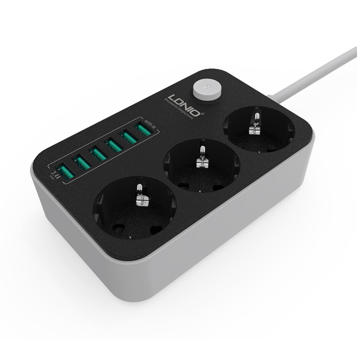 Мережевий подовжувач LDNIO SE3631 НА 3 розетки, 6 USB 1,6м Black-Gray