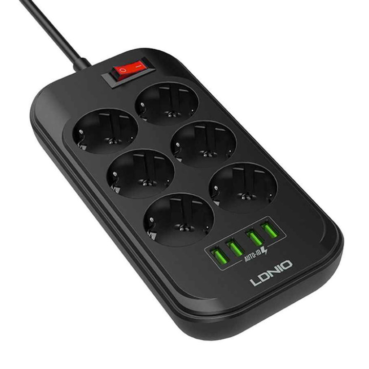 Сетевой удлинитель LDNIO SE6403 на 6 розеток, 4 USB 2м, Black