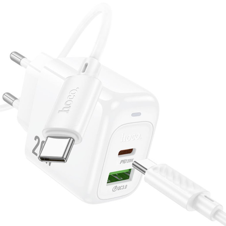 Мережевий зарядний пристрій Hoco CS54A PD20W + QC3.0 (1 USB / 1 Type-C) + кабель Type-C – Type-C, White