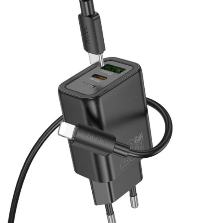 Мережевий зарядний пристрій HOCO N61 PD20W + QC3.0 (1 USB / 1 Type-C) + кабель Type-C – Type-C, White
