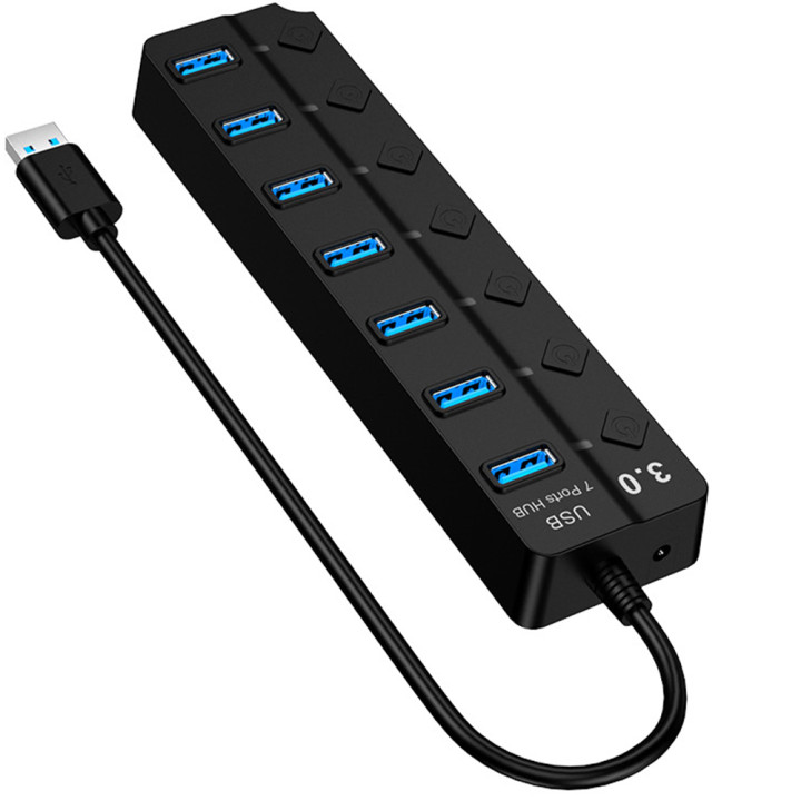 USB Hub HW-1510 7-в-1 с кнопками управления и поддержкой DC 5V, Black