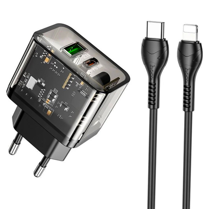 Сетевое Зарядное Устройство Hoco N34 Dazzling PD20W / QC3.0 Type-C to lightning 1m, Black