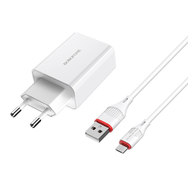 Сетевое зарядное устройство для Borofone BA21A QC3.0A 18W кабель microUSB 1m, White