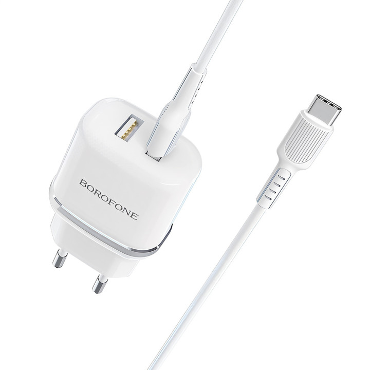 Сетевое зарядное устройство Borofone BA25A QC3.0 с кабелем Type-C 3A 1m, White