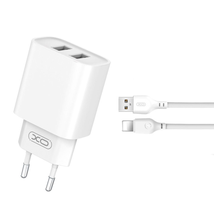 Сетевое зарядное устройство XO CE02C 2USB 2.1A с кабелем lightning 1м, White
