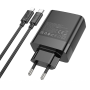 Сетевое зарядное устройство Hoco C127A Type-C / USB QC3.0 PD45W(1C3A) с кабелем Type-C to Lightning, Black