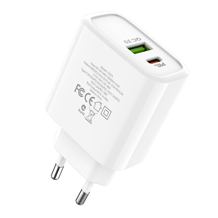 Сетевое зарядное устройство Hoco C57A PD QC 3.0 USB-C 3.1A без кабеля, White