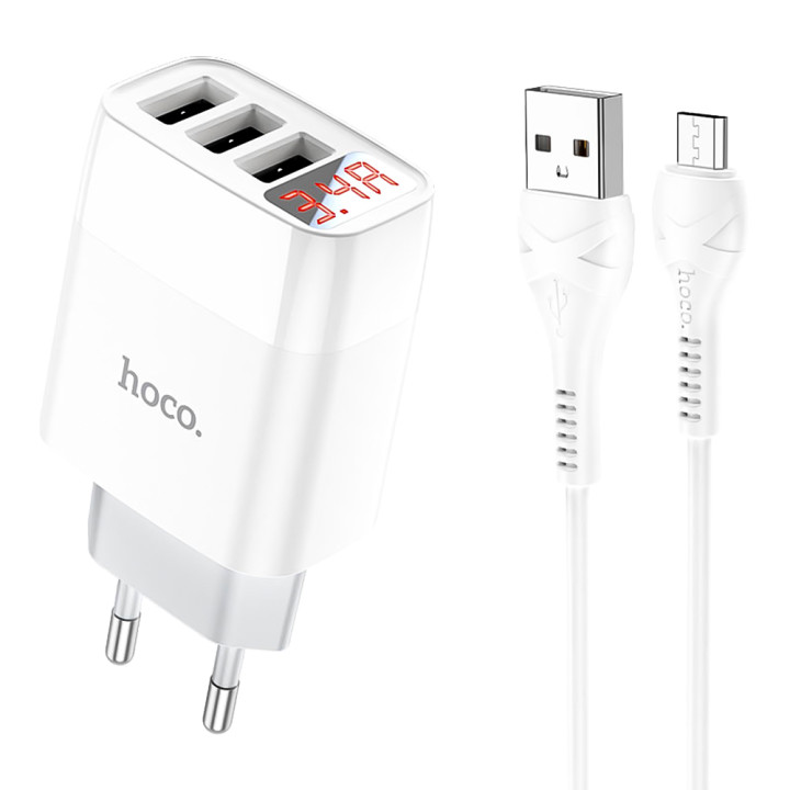 Сетевое зарядное устройство Hoco C93A 3 USB 3.4A c Led-дисплеeм cable Micro-USB 1m, White