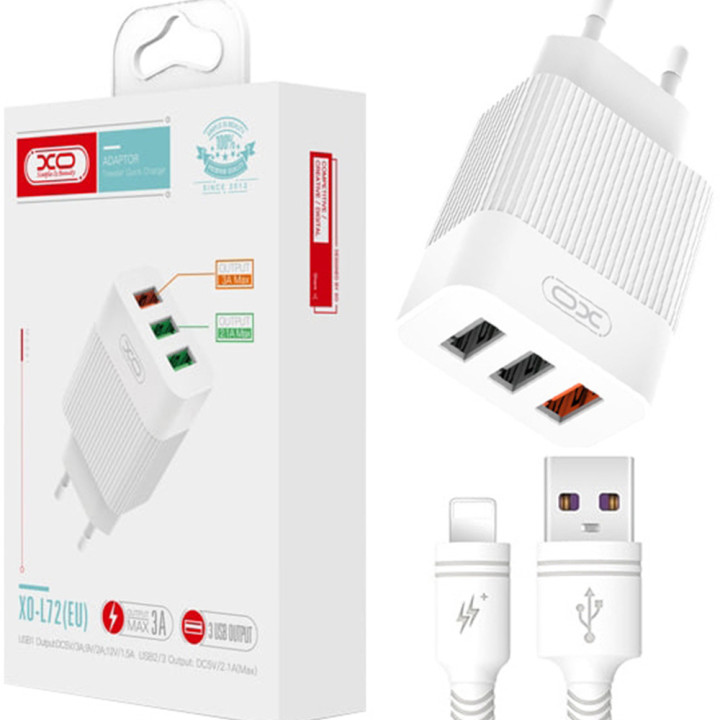 Сетевое зарядное устройство XO L72 18W QC3.0 3USB 3А cable Lightning, White